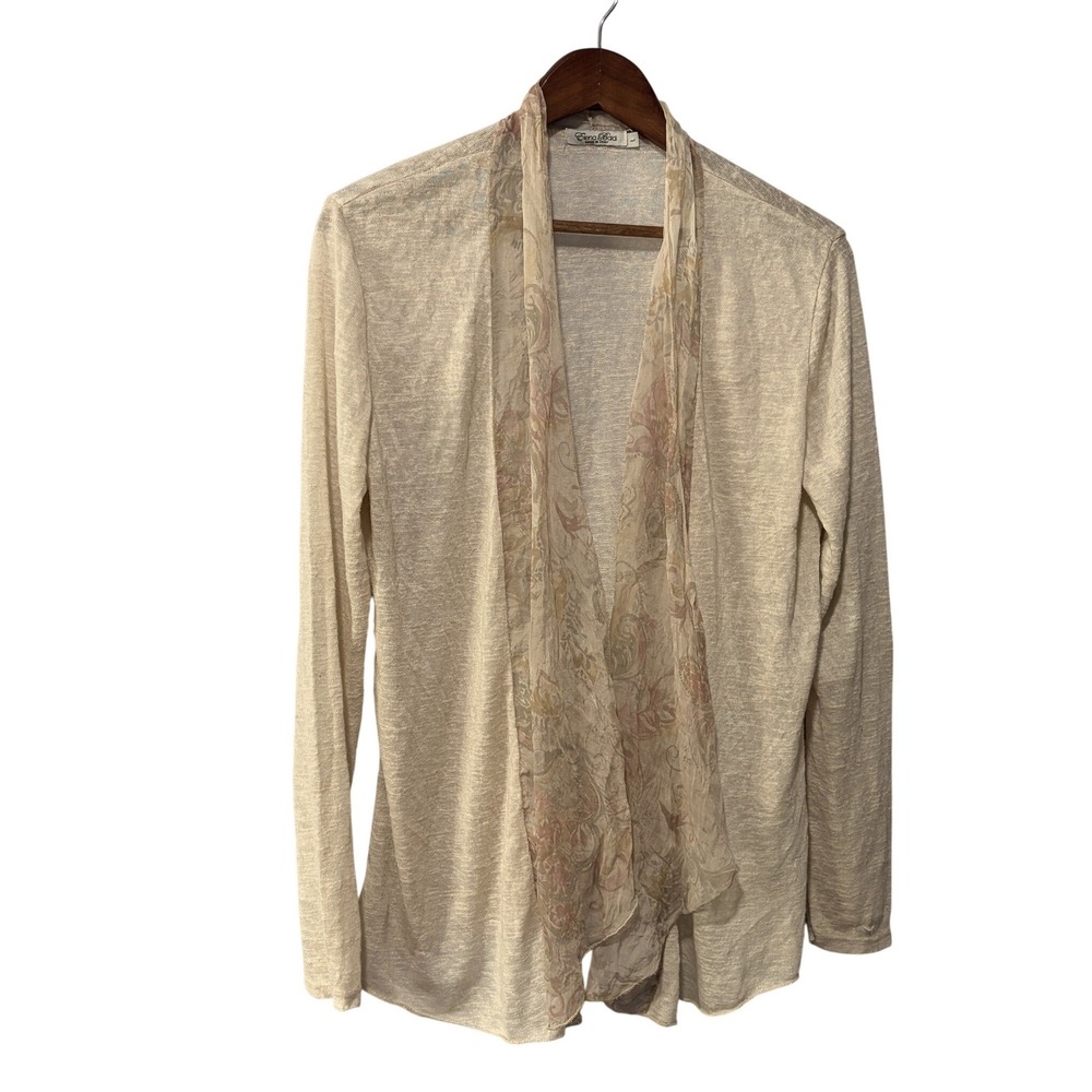 Elena Baldi Italy Beige Open Front Cardigan Floral Paisley Trim Size L